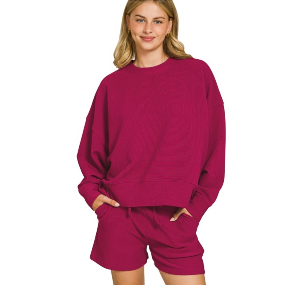 Zenana Ribbed Round Neck Pullover Shorts Set Cabernet